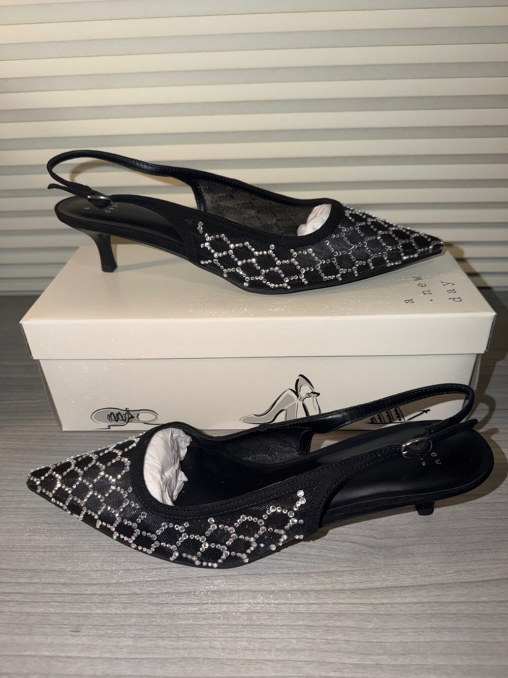 a new day Black Embellished Pointed Slingback Kitten Heel